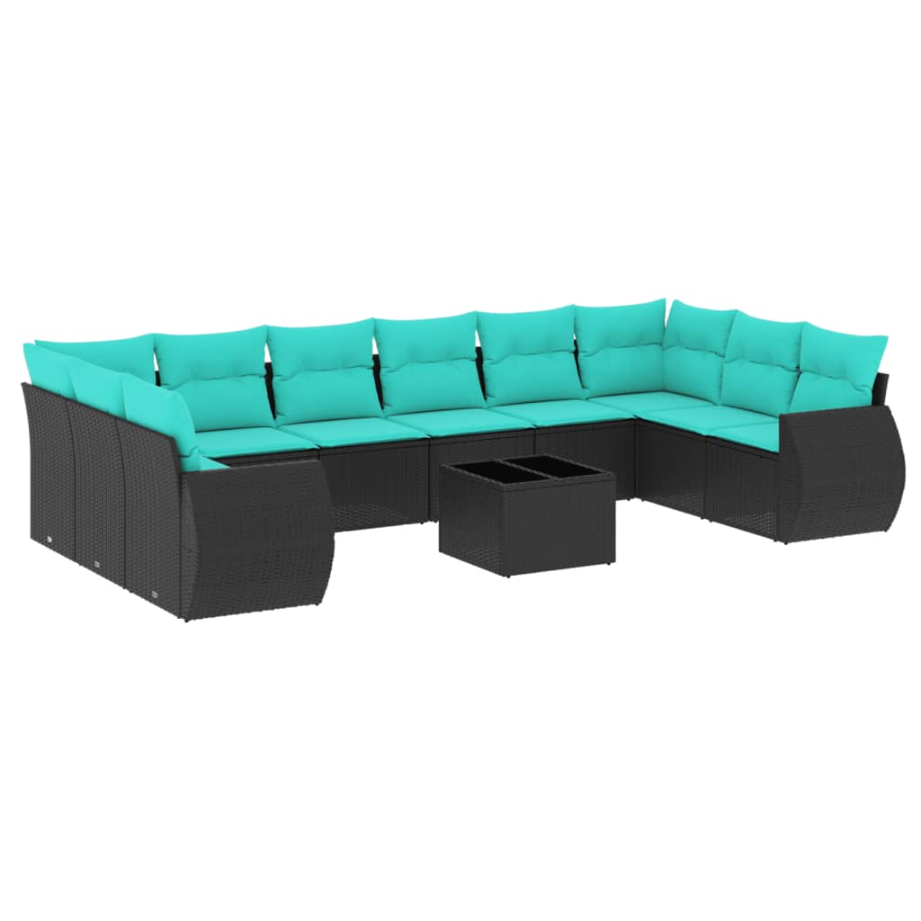 11 Piece Patio Sofa Set with Cushions Black Poly Rattan
