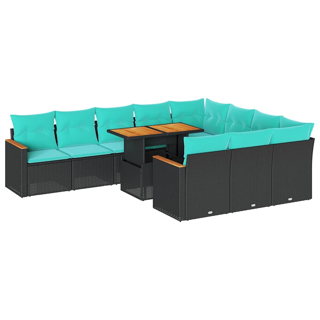 11 Piece Patio Sofa Set with Cushions Black Poly Rattan