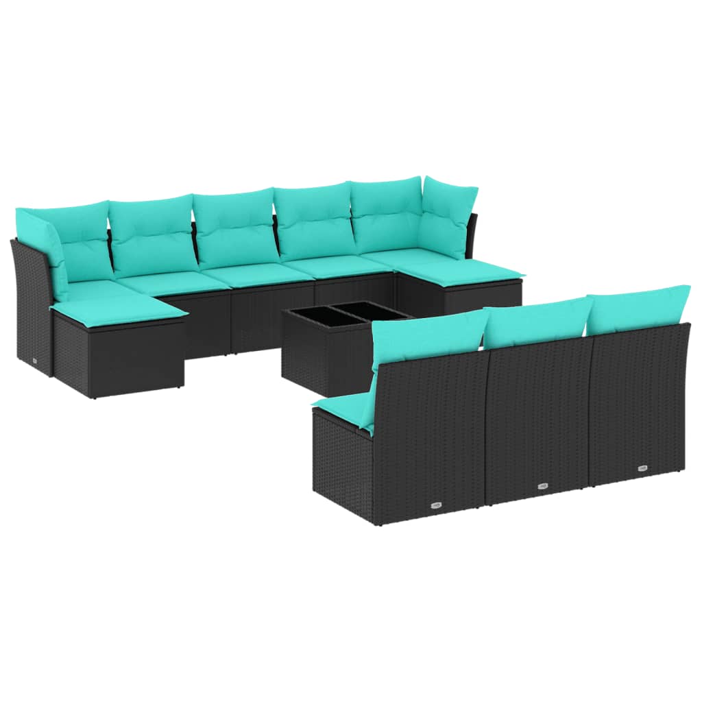 11 Piece Patio Sofa Set with Cushions Black Poly Rattan