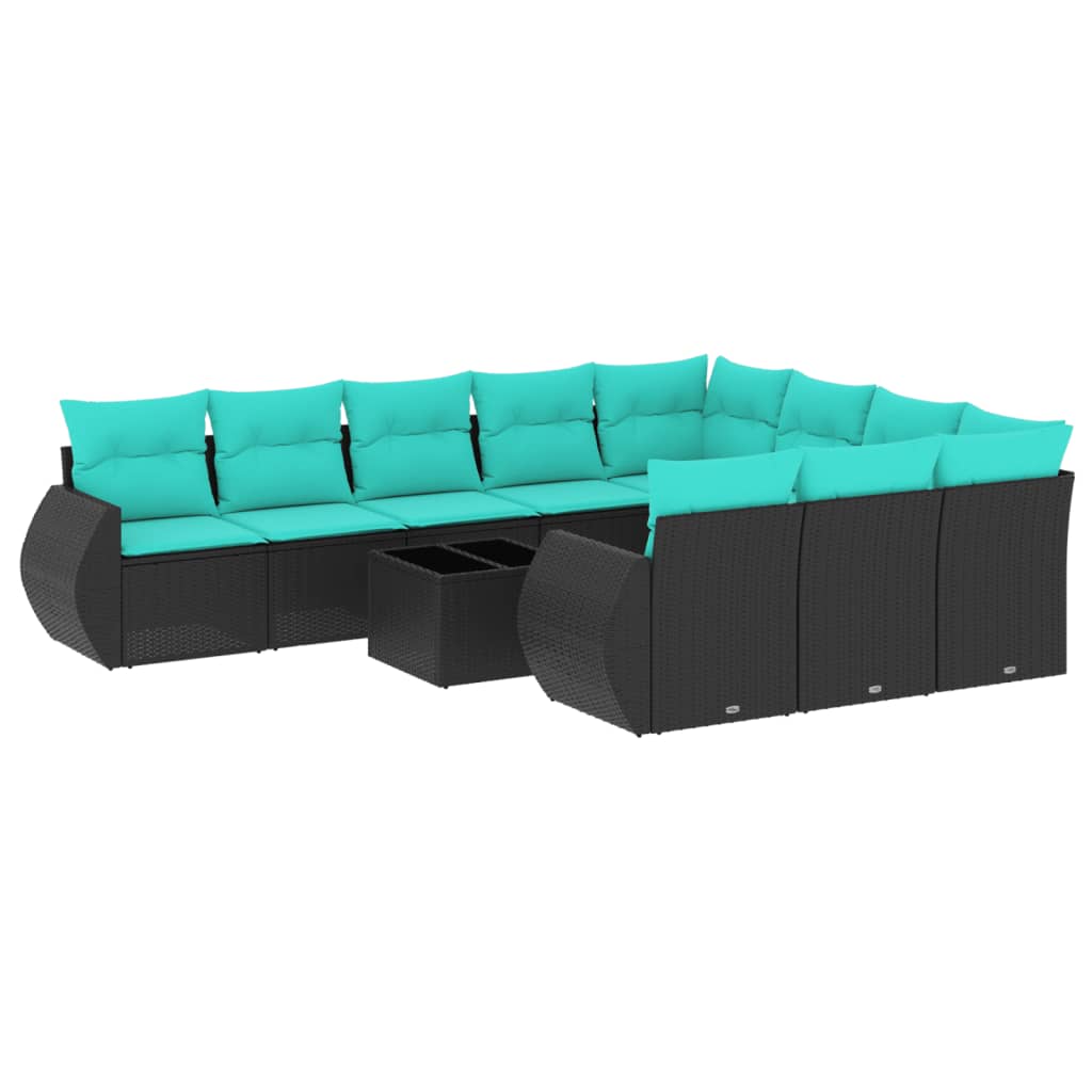 11 Piece Patio Sofa Set with Cushions Black Poly Rattan