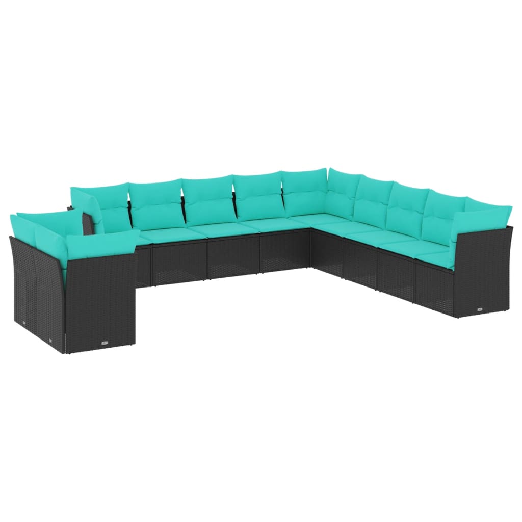 11 Piece Patio Sofa Set with Cushions Black Poly Rattan