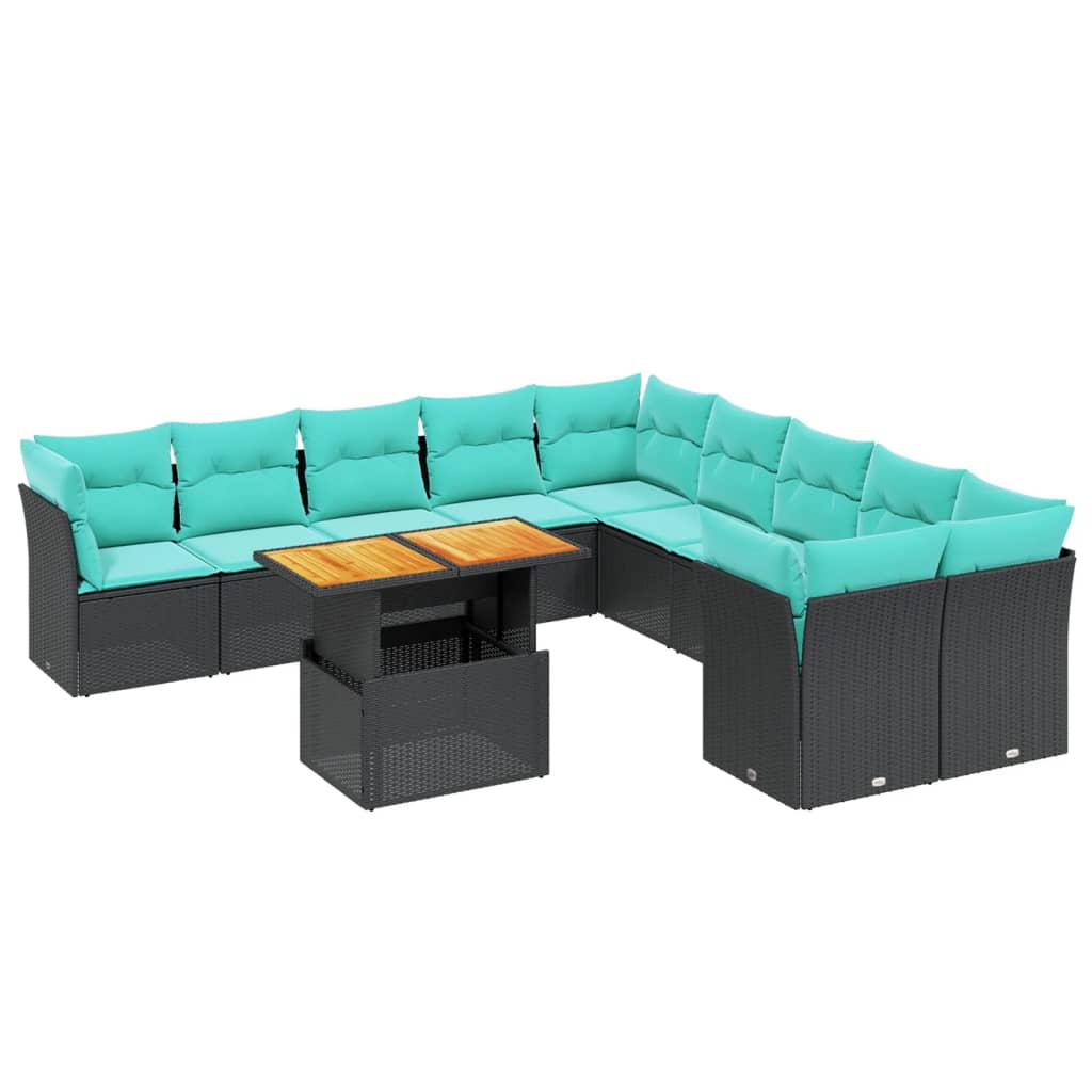 11 Piece Patio Sofa Set with Cushions Black Poly Rattan