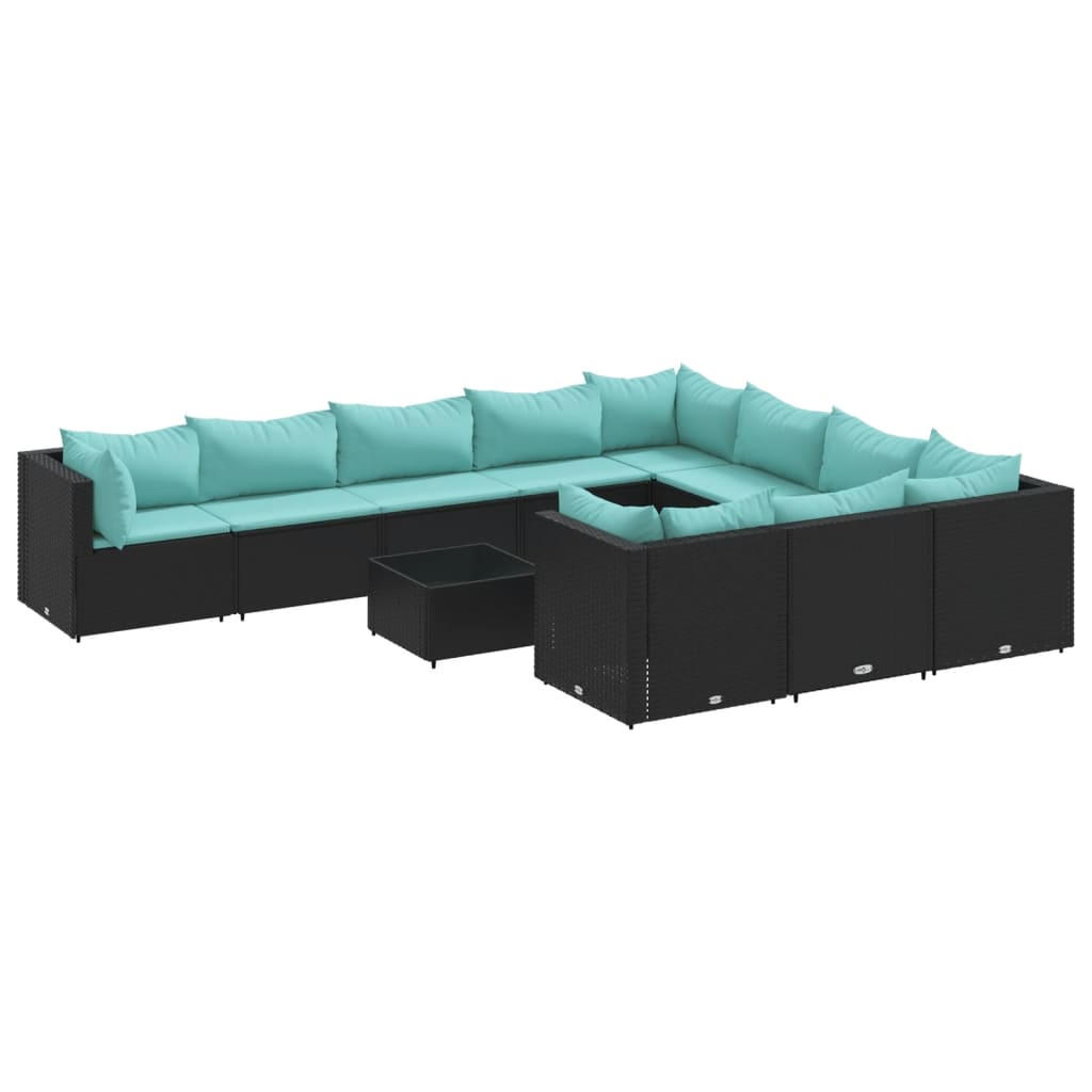 11 Piece Patio Sofa Set with Cushions Black Poly Rattan
