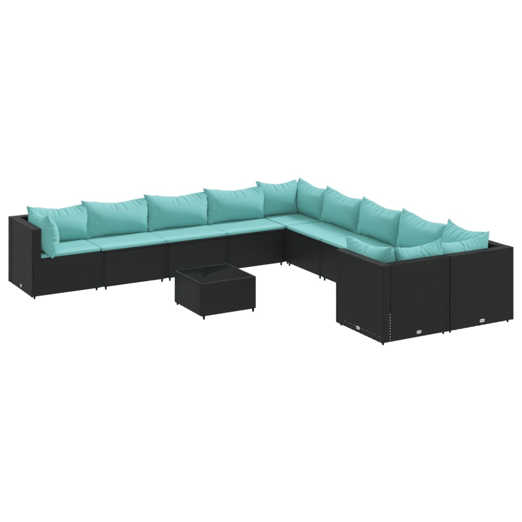 11 Piece Patio Sofa Set with Cushions Black Poly Rattan