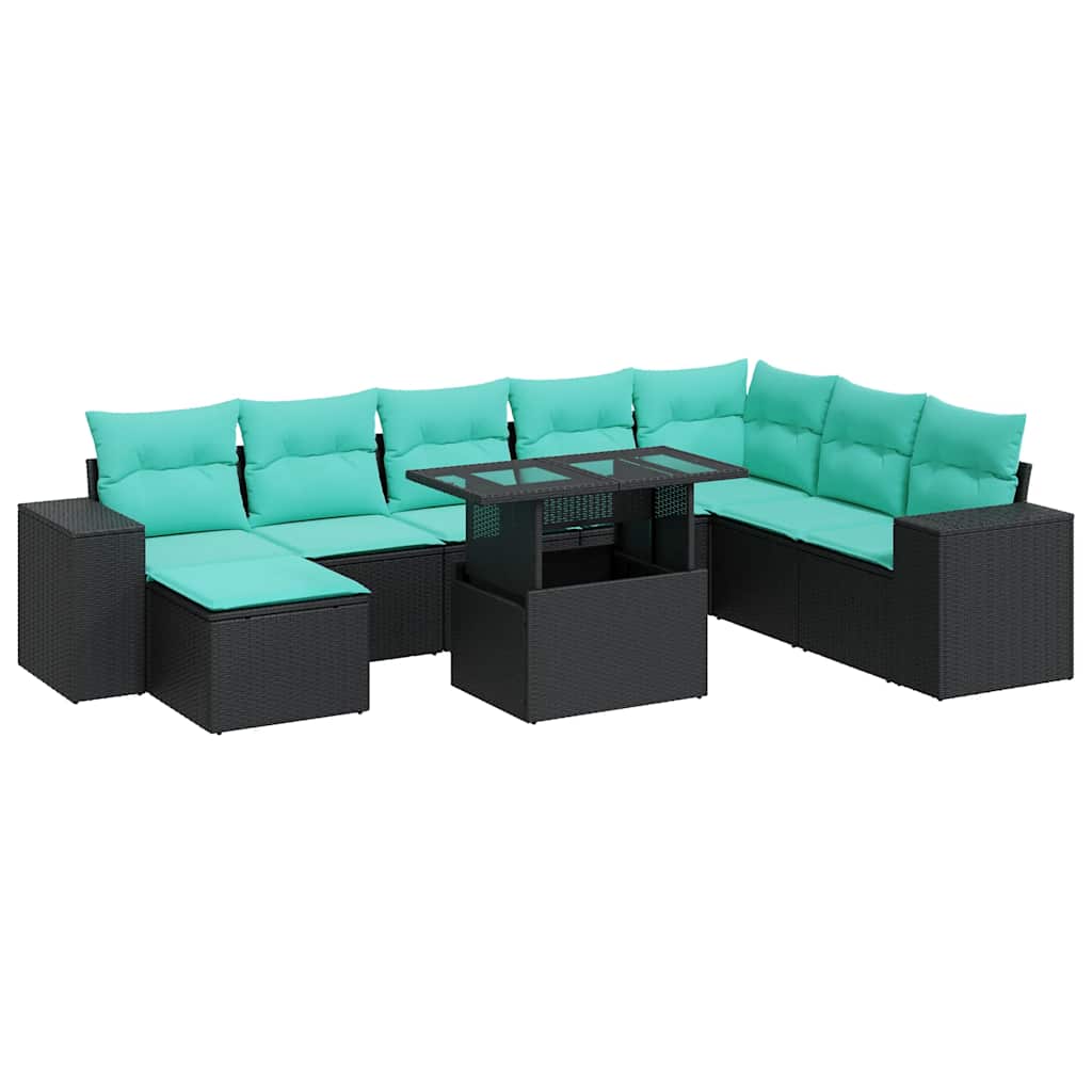 11 Piece Patio Sofa Set with Cushions Black Poly Rattan Acacia