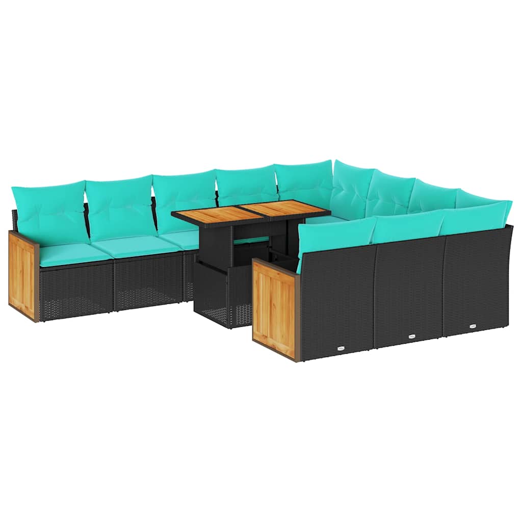 11 Piece Patio Sofa Set with Cushions Black Poly Rattan Acacia