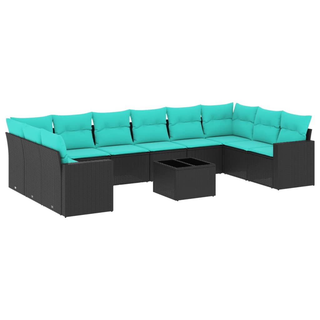 11 Piece Patio Sofa Set with Cushions Black Poly Rattan (US only)