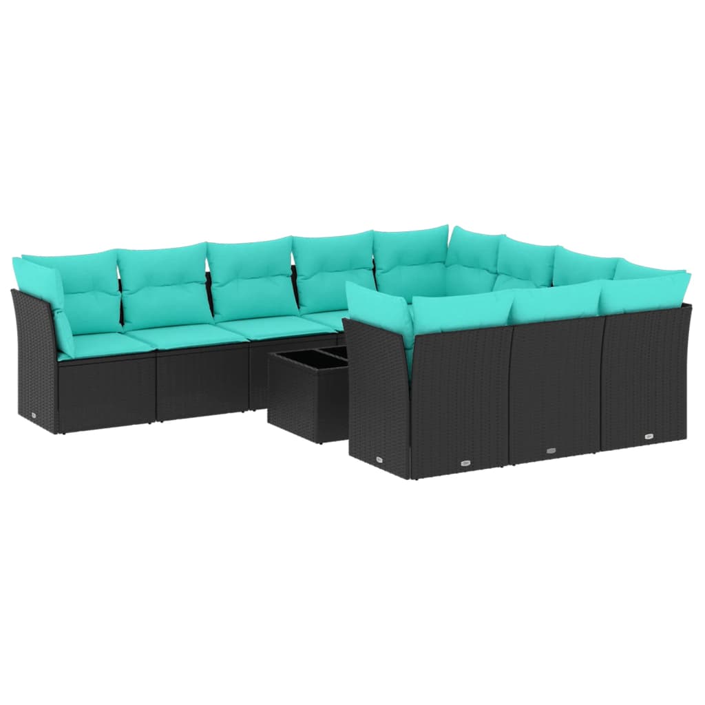 11 Piece Patio Sofa Set with Cushions Black Poly Rattan