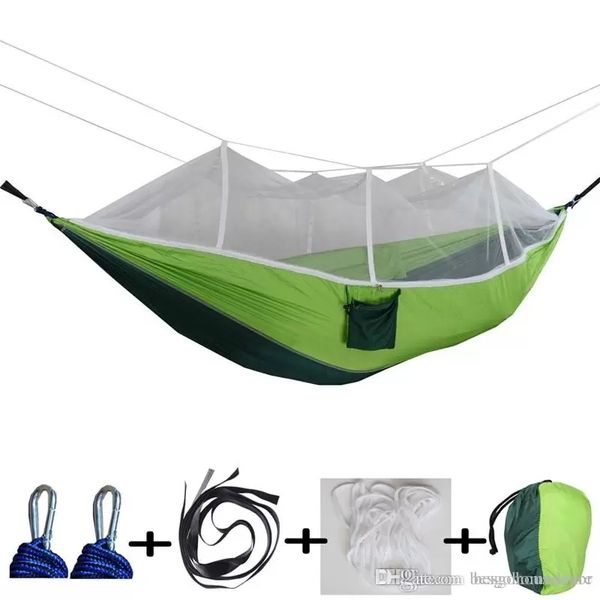 12-color 260x140cm hammock featuring mosquito net, ideal for outdoor camping, garden relaxation, or as a hanging bed