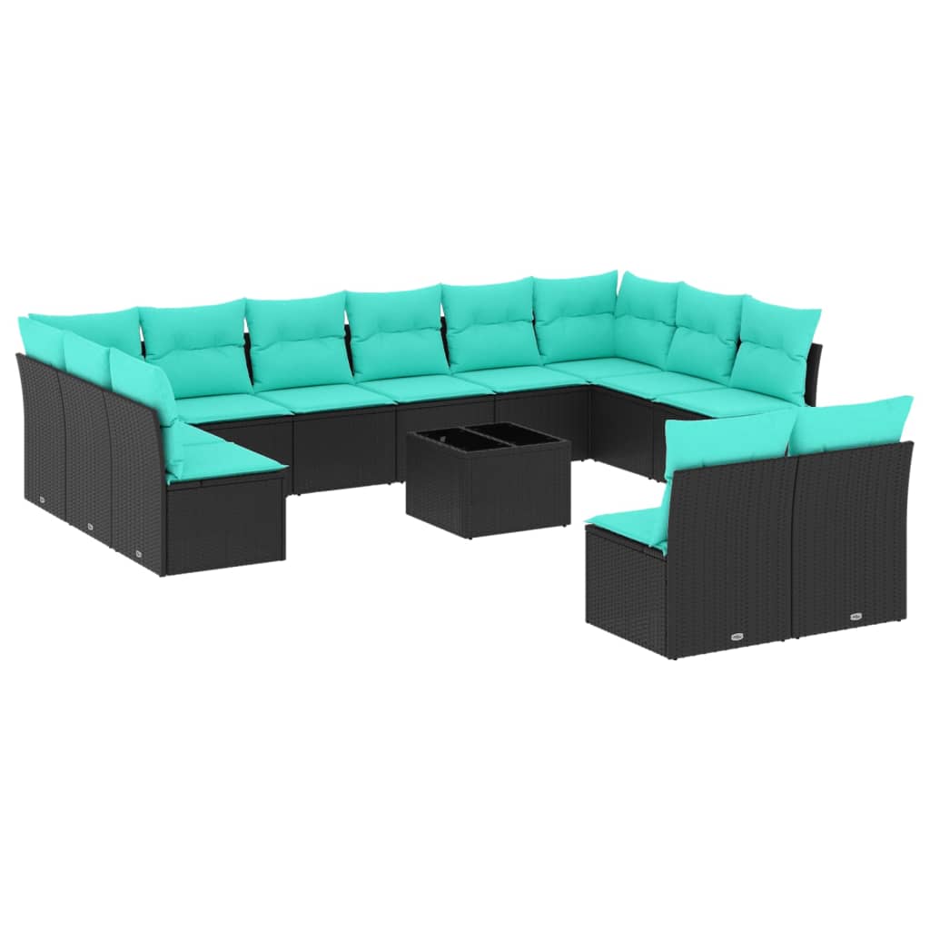 13 Piece Patio Sofa Set with Cushions Black Poly Rattan