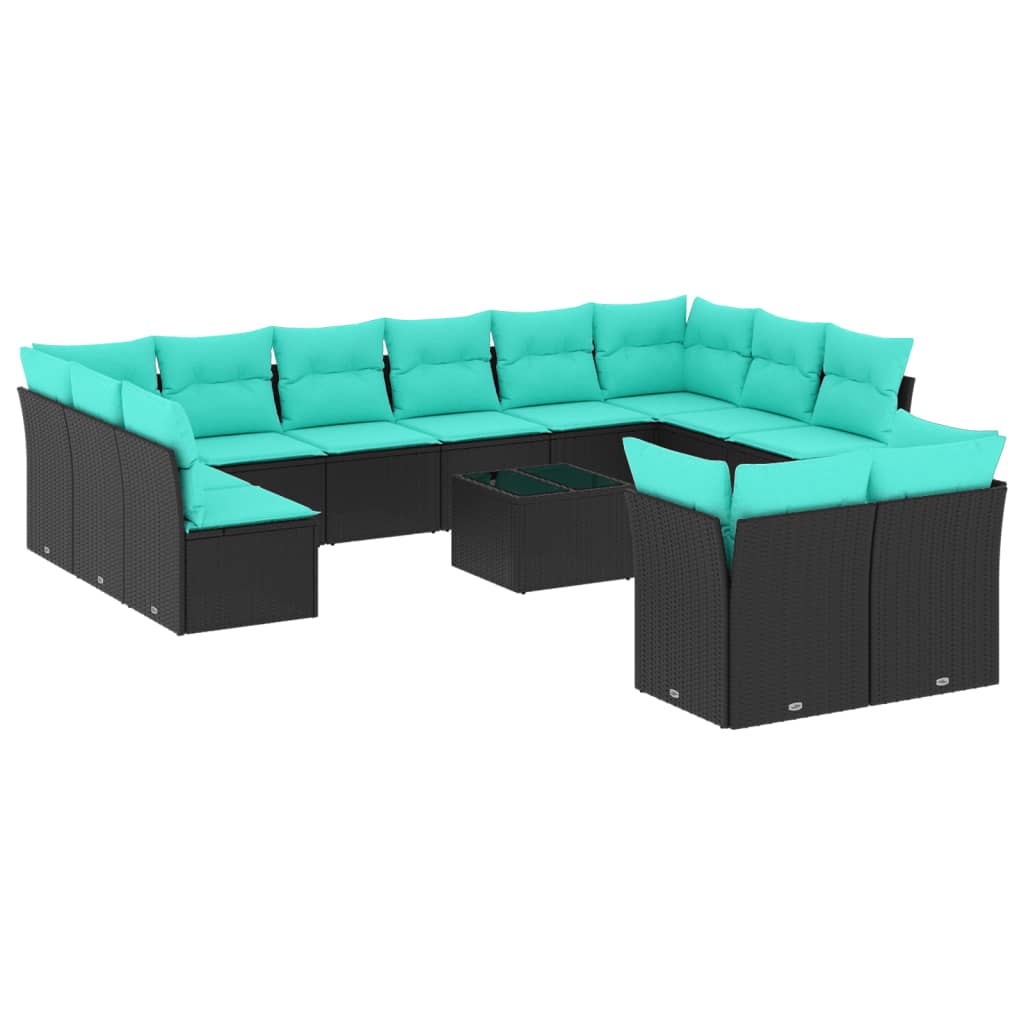 13 Piece Patio Sofa Set with Cushions Black Poly Rattan