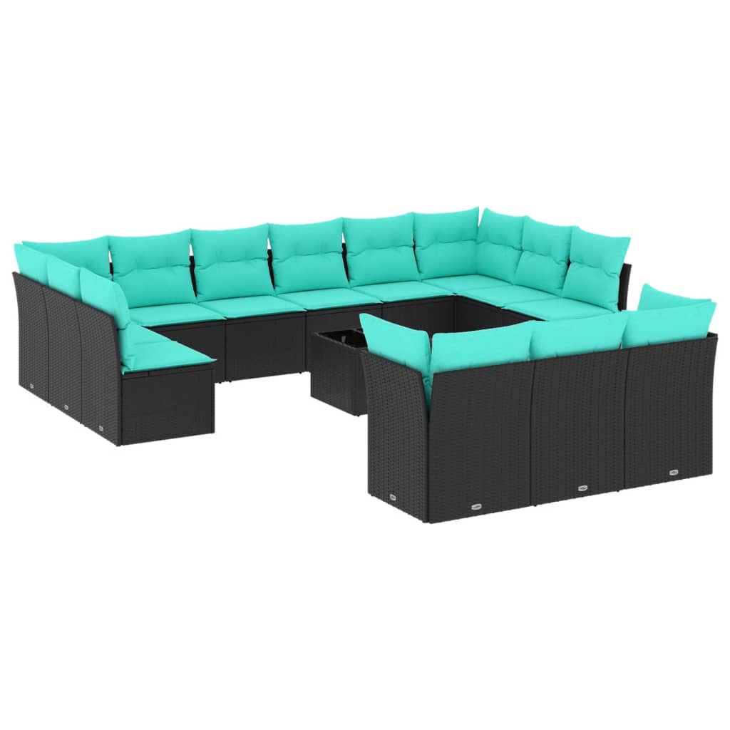 14 Piece Garden Sofa Set with Cushions Black Poly Rattan