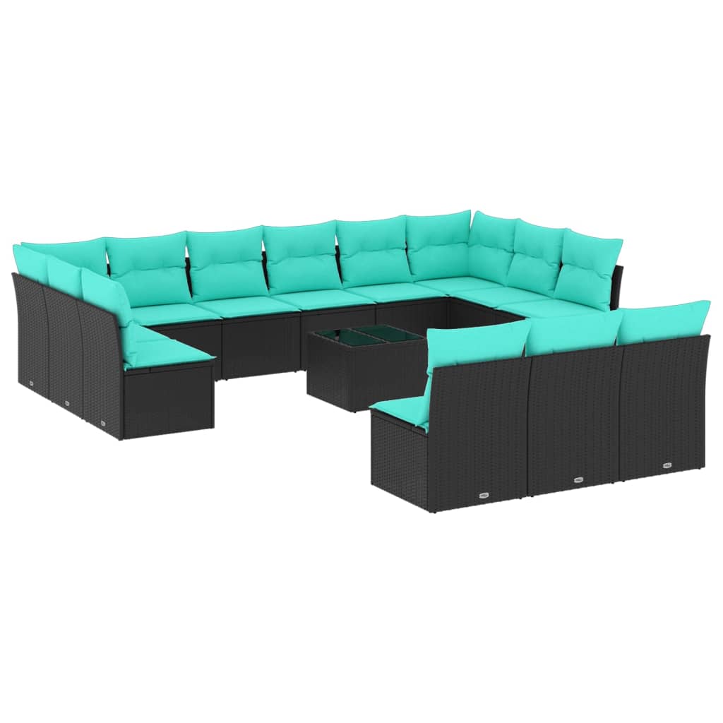 14 Piece Patio Sofa Set with Cushions Black Poly Rattan