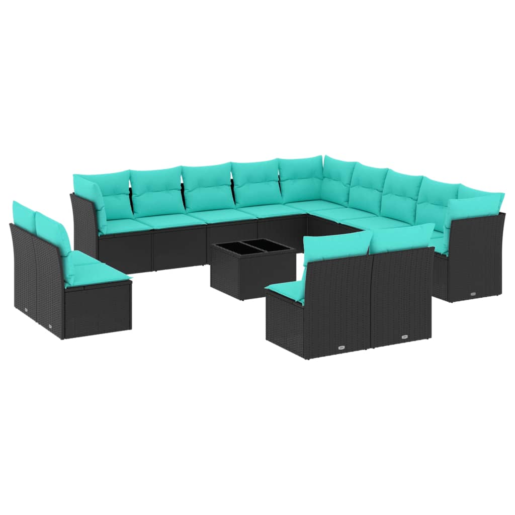 14 Piece Patio Sofa Set with Cushions Black Poly Rattan