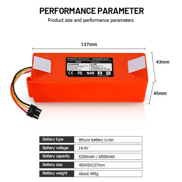 14.4V 6500mAh replacement battery for Xiaomi Roborock S50/S51/S55 vacuum robots, compatible with 5200mAh spare parts