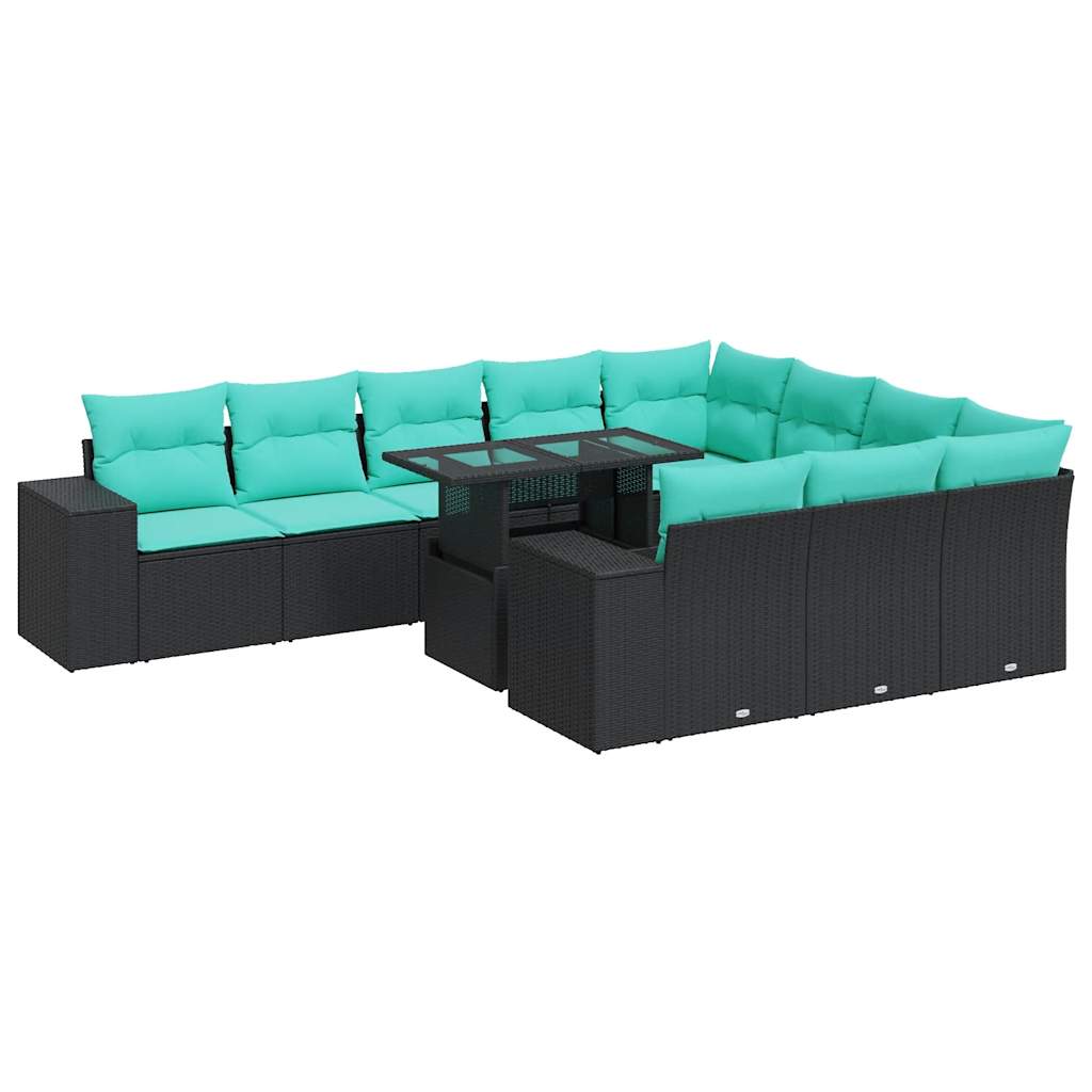 15 Piece Patio Sofa Set with Cushions Black Poly Rattan Acacia