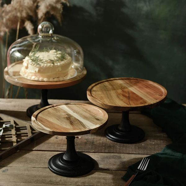 15/20/25/30cm Acacia Wood Cake Stand with Black Base for Wedding and Birthday Dessert Displays