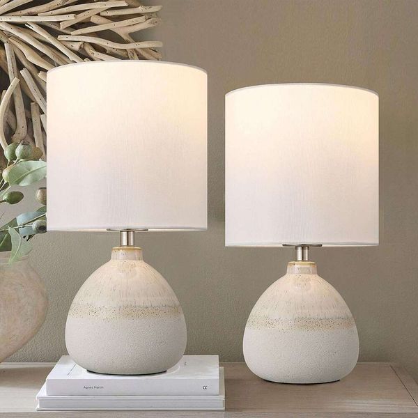 2 Ceramic Bedside Lamps, White Farmhouse Style Nightstand Lights