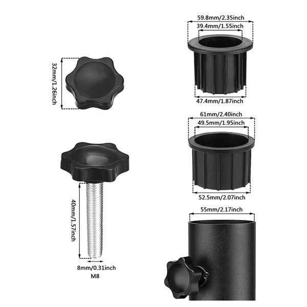 2 Sets Outdoor Patio Umbrella Base Stand Replacement Parts Umbrella Base Bracket Hole Ring Plug Cover and Cap

Rewritten:
Two sets of replacement parts for outdoor umbrella bases, including bracket hole rings, plug covers, and caps