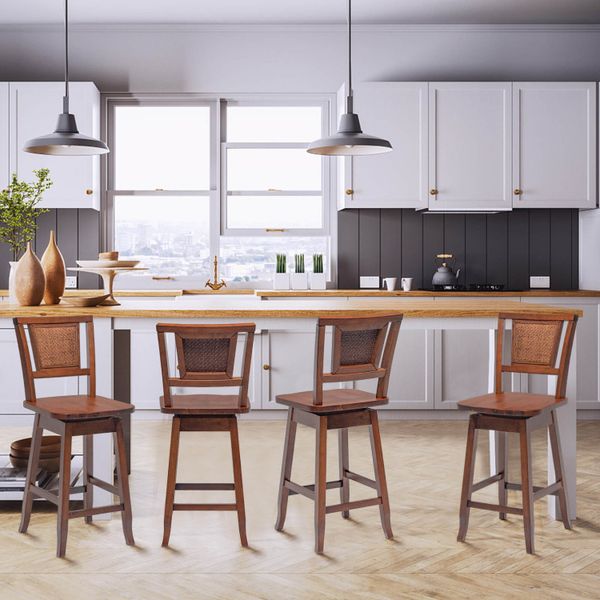 2 swivel bar stools with 24.5-inch height and rattan backs