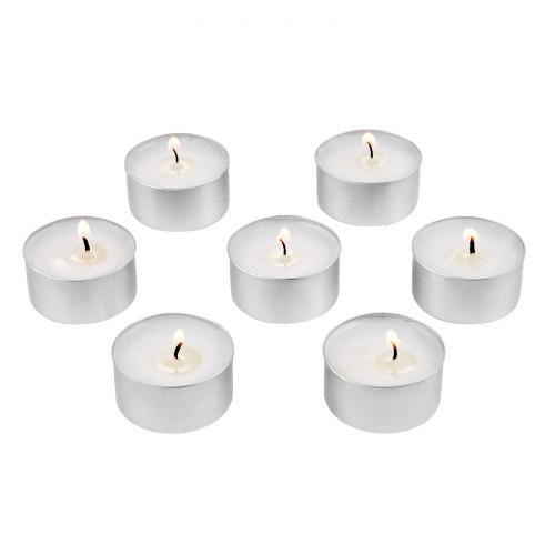 200 unscented tea light candles with 6.5-hour burn time, smokeless and dripless in aluminum cups, made from natural palm wax