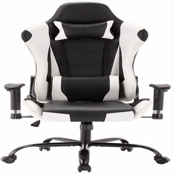 2022 Commercial Gaming Office Swivel Chairs in Black-White featuring headrest and lumbar support pillows