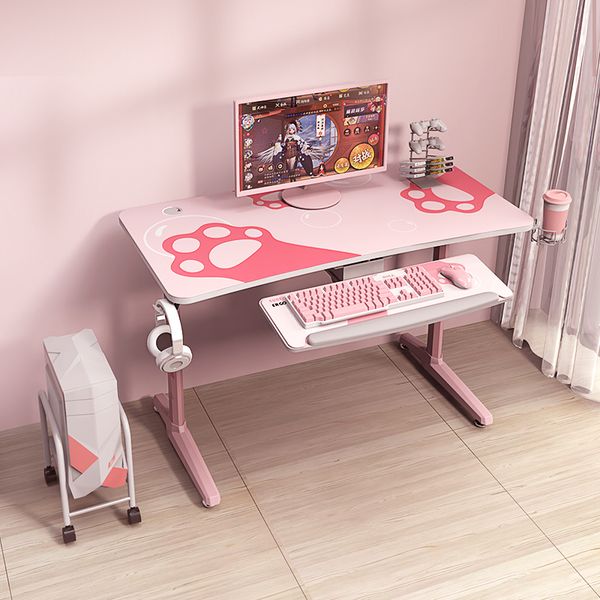 2023 New Pink Gaming Table for Girls' Bedroom, Assembled Computer Desk 120X60X76.5cm with Cute Cat Paw Print, Hot Selling Desktop