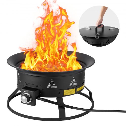 24-inch portable propane fire pit with adjustable flame, cover, and lava rocks for outdoor heating and camping