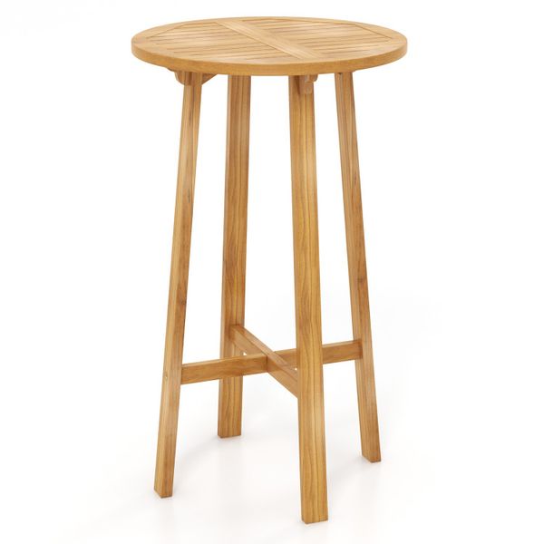 24-inch round teak wood bar table with footrest, suitable for indoor and outdoor use