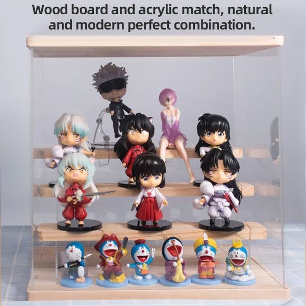 2-5 tier acrylic display case with LED lights for blind box figures on wooden shelves