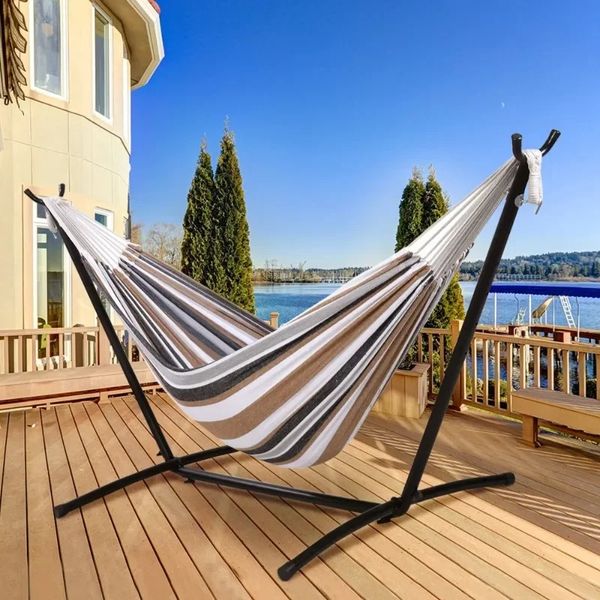 2-person cotton hammock with space-saving steel stand for garden or yard, outdoor use with 450lb capacity in desert stripes design