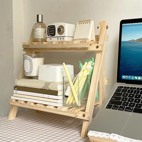 2-tier wooden desktop organizer for dorm and bedroom storage