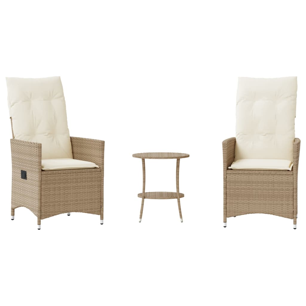 3 Piece Bistro Set with Cushions Beige Poly Rattan