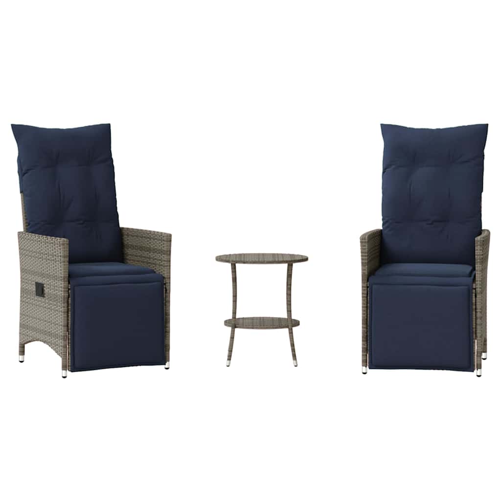 3 Piece Bistro Set with Cushions Gray Poly Rattan