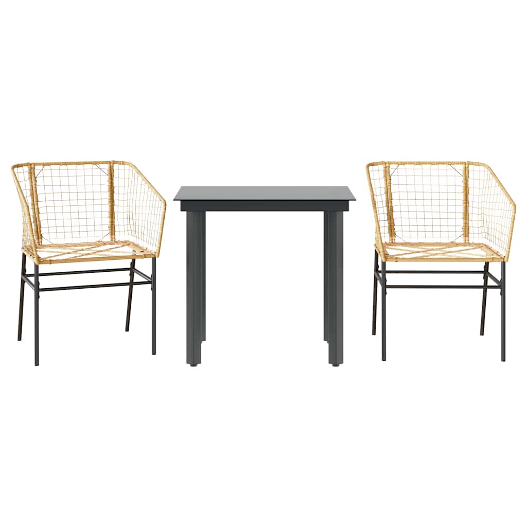 3 Piece Patio Dining Set Brown Poly Rattan Glass