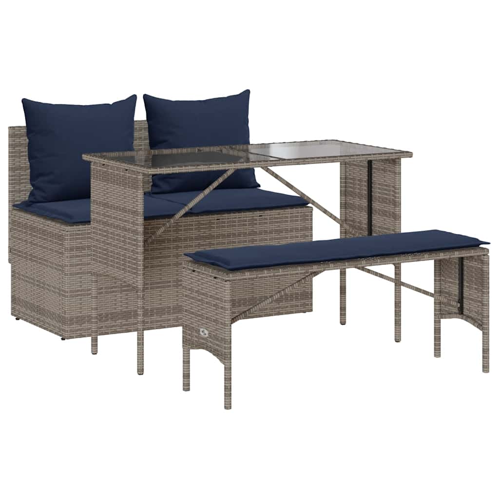 3 Piece Patio Dining Set with Cushions Gray Poly Rattan
