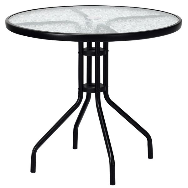 32-inch round outdoor patio table with tempered glass top and umbrella hole