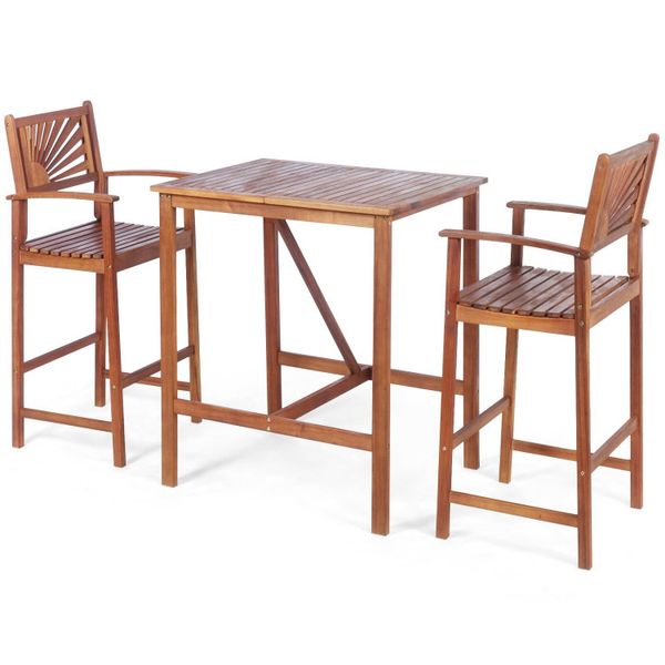 3-piece acacia wood bar set featuring sunflower-patterned backrests