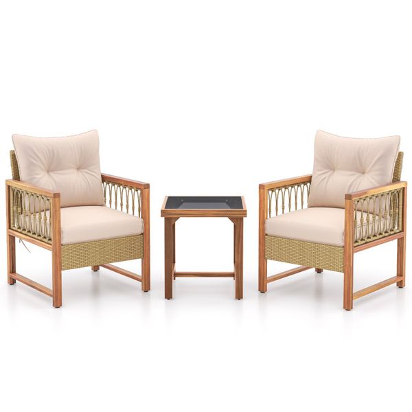 3-piece patio set featuring an acacia wood frame and cushions