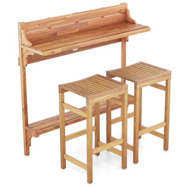 3-piece patio set with acacia wood bar table and curved seats featuring footrests