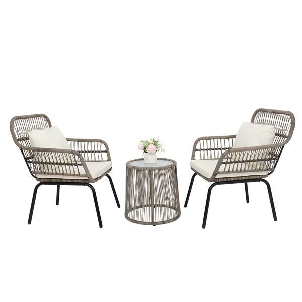 3-piece patio wicker set with 2 chairs, glass-top side table, and tan cushions