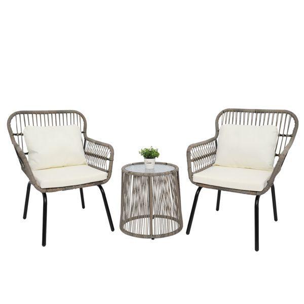 3-piece tan wicker patio set with 2 chairs, side table and cushions