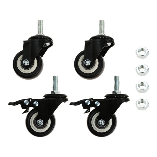 4 heavy-duty 2" swivel stem casters with PU mute wheels, nuts, double lock mechanism for quiet trolley, cart or chair use