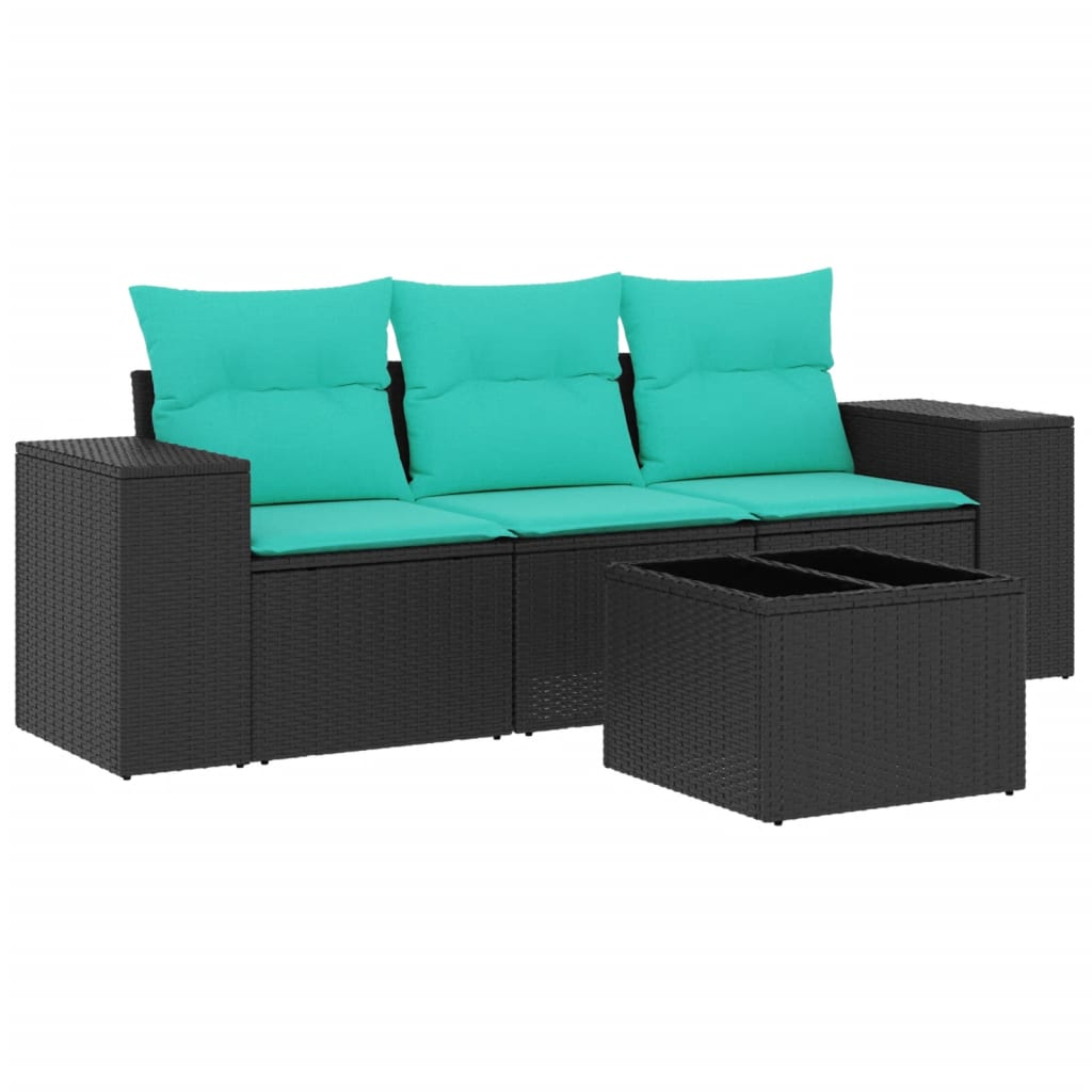 4 Piece Patio Sofa Set with Cushions Black Poly Rattan