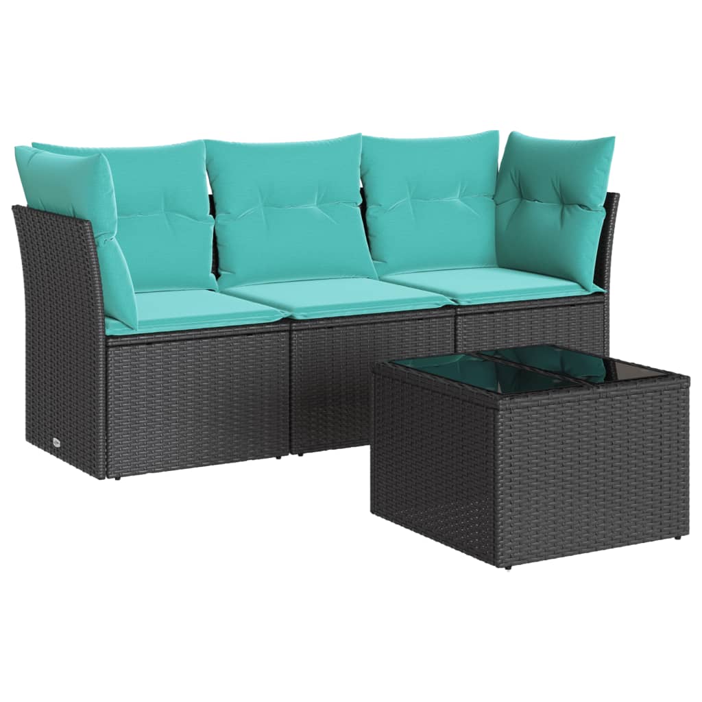 4 Piece Patio Sofa Set with Cushions Black Poly Rattan