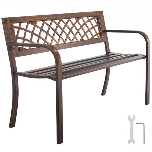46-inch outdoor bench with a durable carbon steel frame, PVC mesh backrest, and rounded armrests, designed for patio use and weather resistance