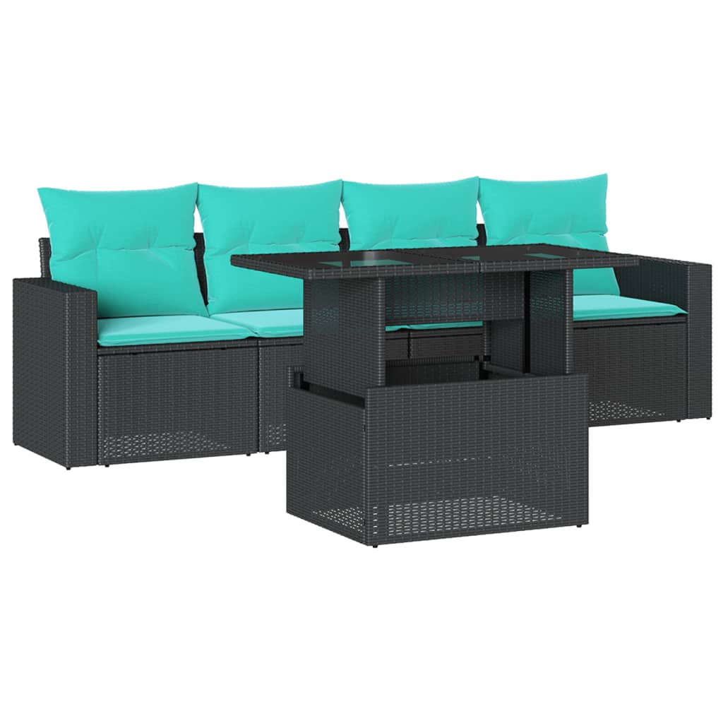 5 Piece Garden Sofa Set with Cushions Black Poly Rattan