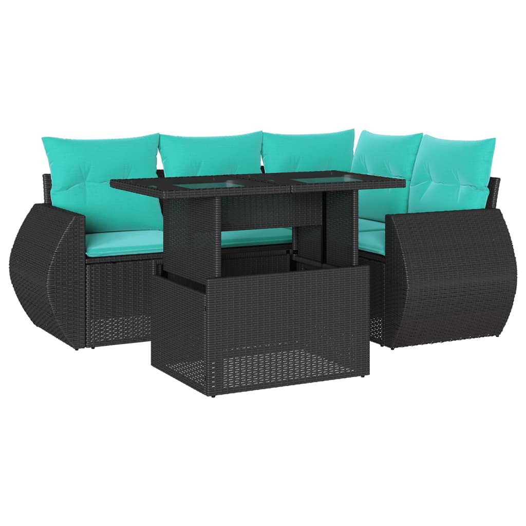 5 Piece Garden Sofa Set with Cushions Black Poly Rattan