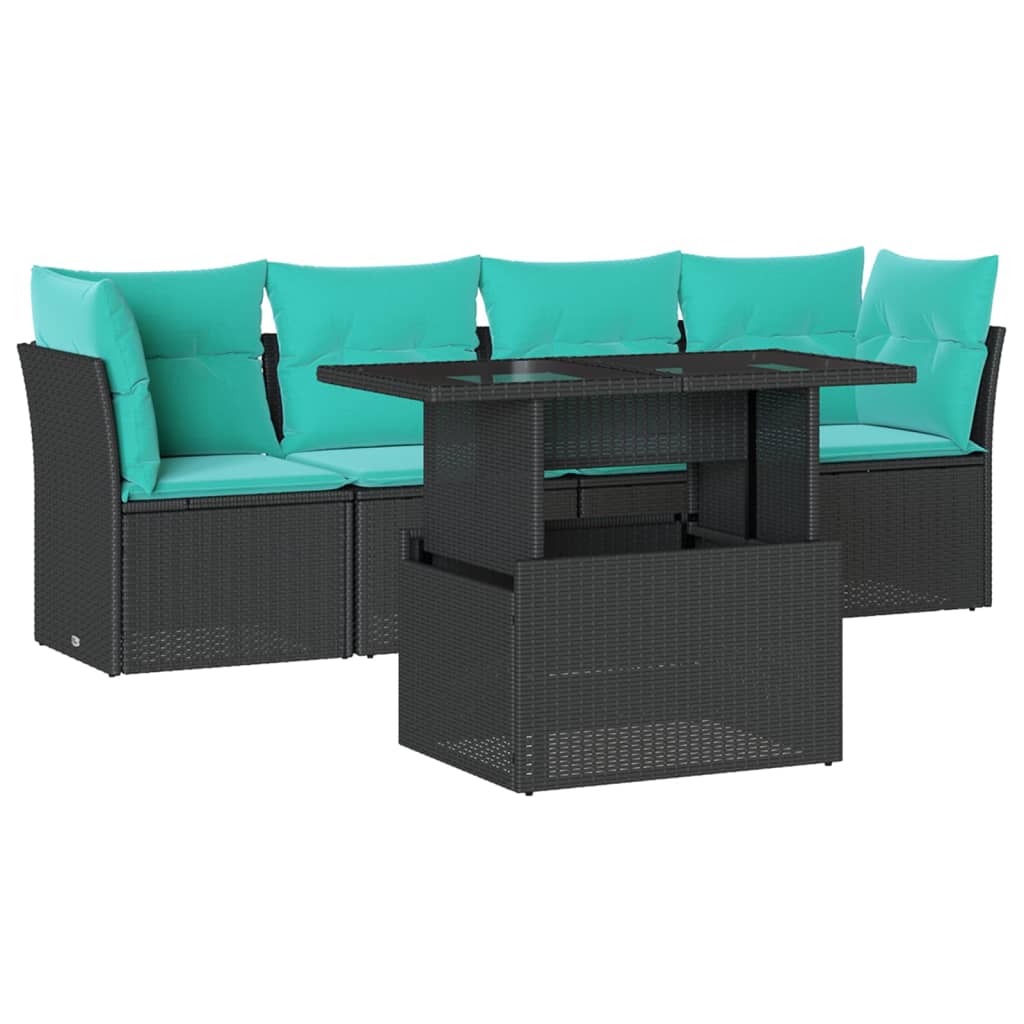 5 Piece Garden Sofa Set with Cushions Black Poly Rattan