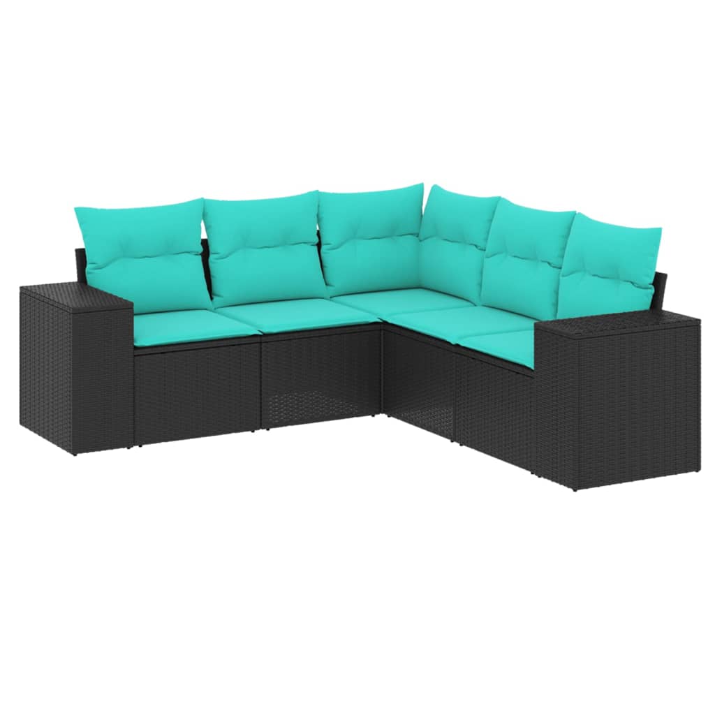 5 Piece Garden Sofa Set with Cushions Black Poly Rattan